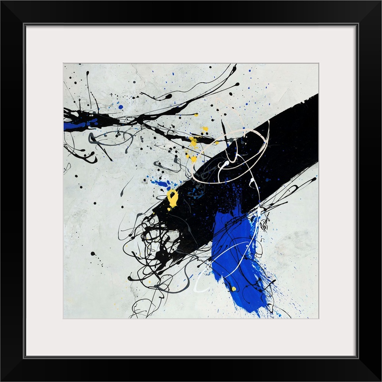 Contemporary abstract painting of a large black brushstroke accented with electric blue and cool yellow accents.