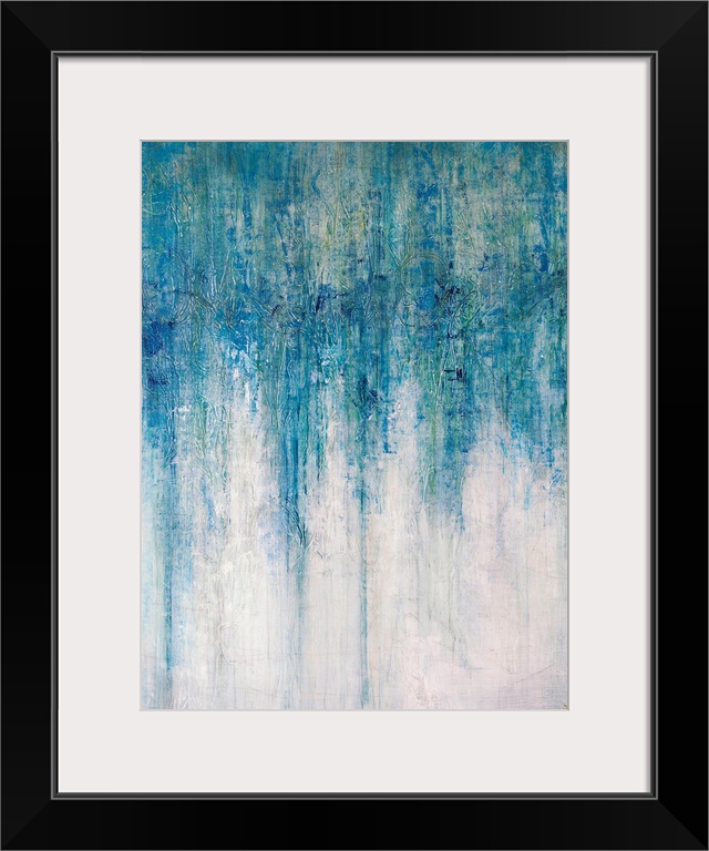 Abstract artwork that has shades of blue color at the top that drip down toward the bottom which is almost white.