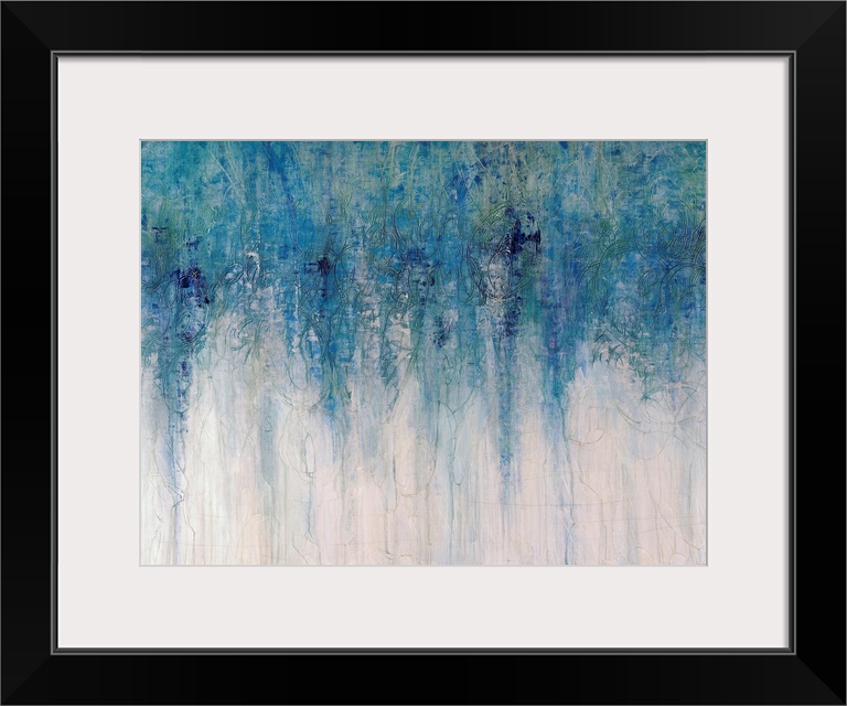 Abstract artwork with different shades of blue toward the top of the print fading down to an almost white area at the bott...