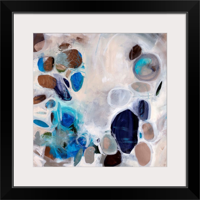 Contemporary abstract painting of stone-like shapes in blues and browns over a neutral background.