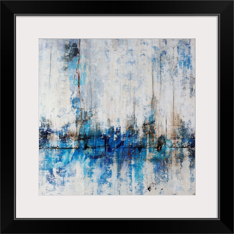 Abstract painting of a city skyline in cool tones, reflecting in the water in the foreground. Painted with overlapping col...