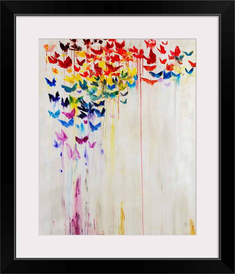 A rainbow of dripping painted butterflies against a white background.