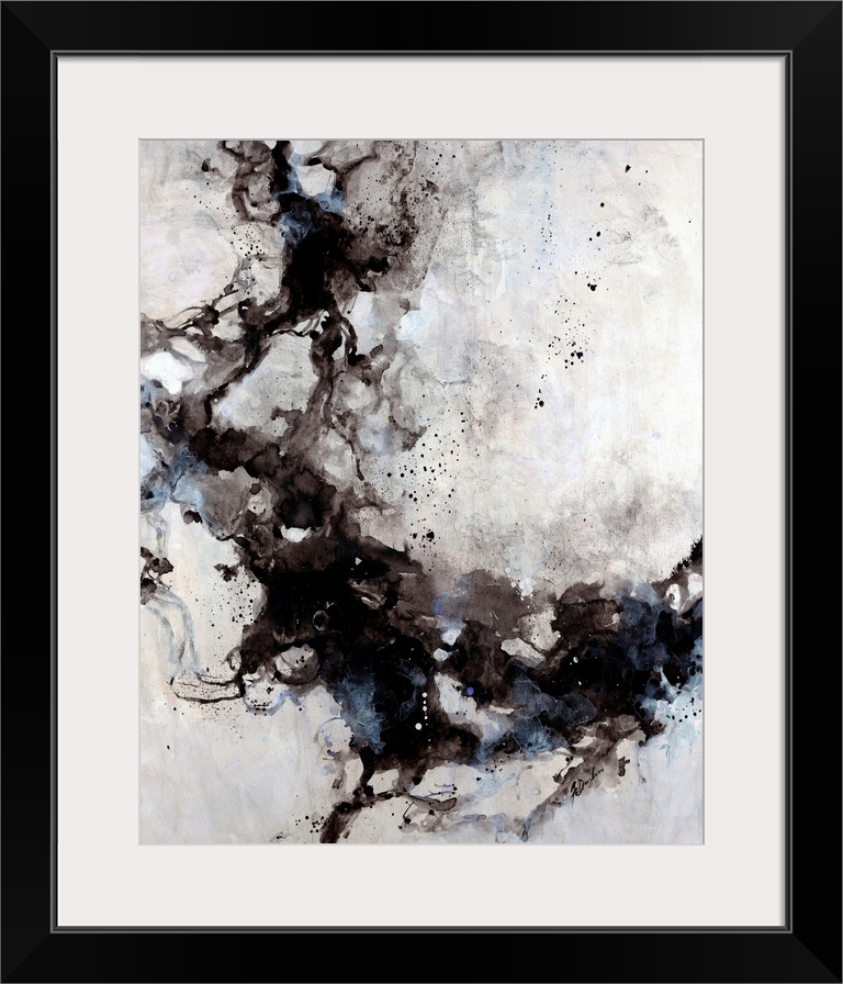 Abstract painting of blended ink splats and splatter with a soft pastel background.