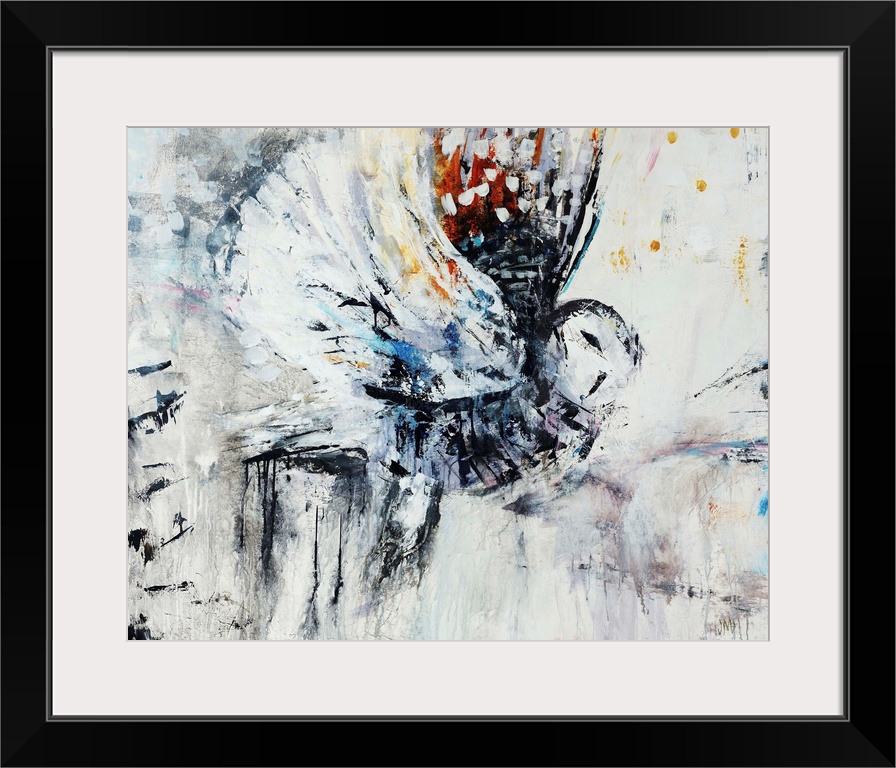 Contemporary abstract painting of an owl in flight.