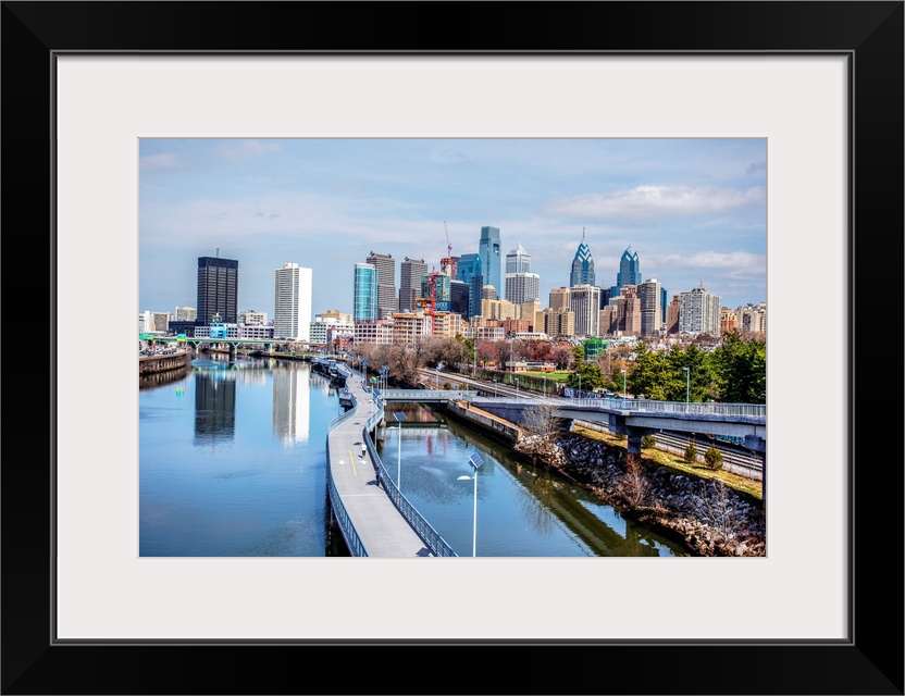 View of skyscrapers in Philadelphia, Pennsylvania, seen from the waterway.