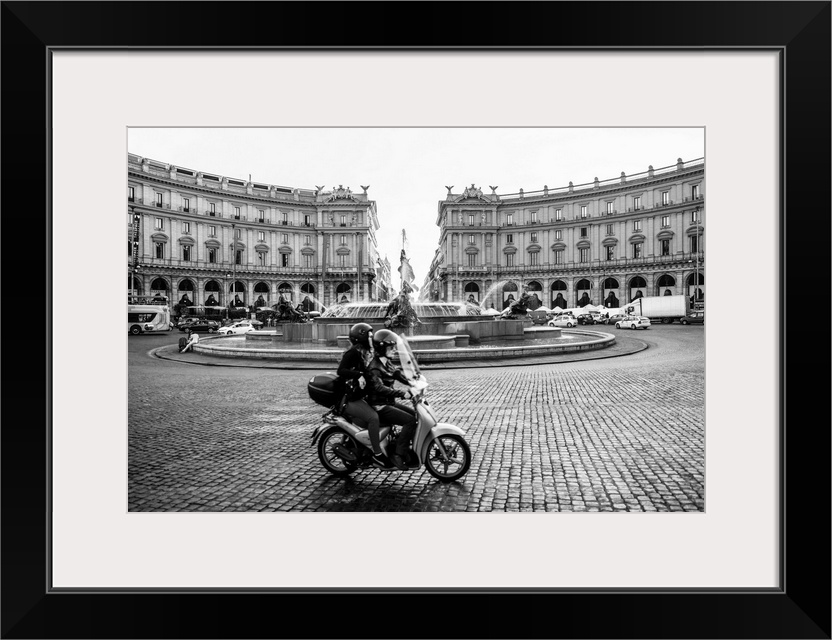 Photograph of the Piazza della Repubblica with the Fountain Of The Naiads and a couple on a motorbike in the foreground, F...