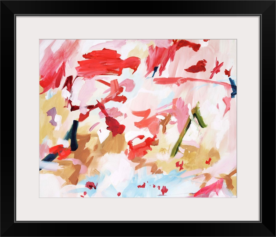 Colorful contemporary abstract painting consisting of short brush strokes in blush pinks, scarlet reds, and citron yellows.