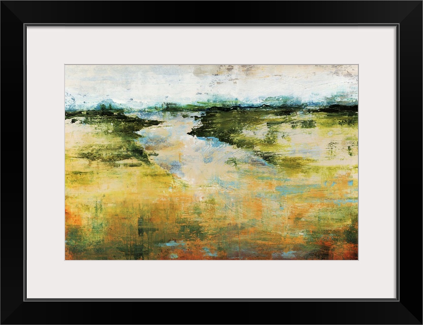 A flat landscape and horizon in this abstract painting created with vague and dripping shapes.