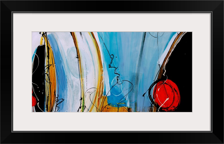Contemporary painting of light blue forms complemented by red, circular shapes, curved yellow lines, and black semi-circles.
