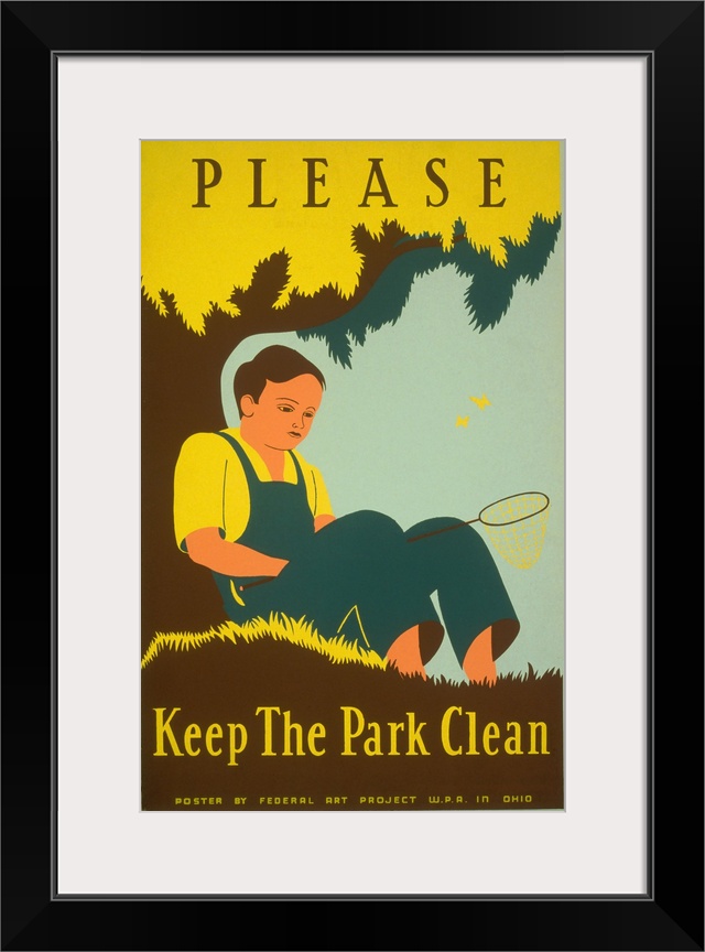 Please keep the park clean. Poster encouraging conservation of a natural resource area, showing a boy holding a butterfly ...