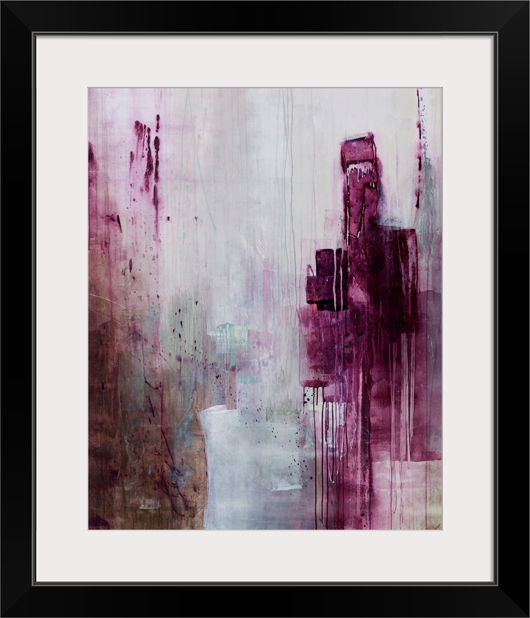 Contemporary abstract painting of plum tones smeared in a downward motion against a faded background.