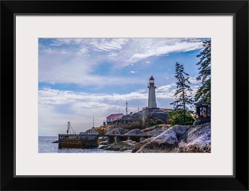 View of Point Atkinson Lighthouse and blue skies in Vancouver, British Columbia, Canada.