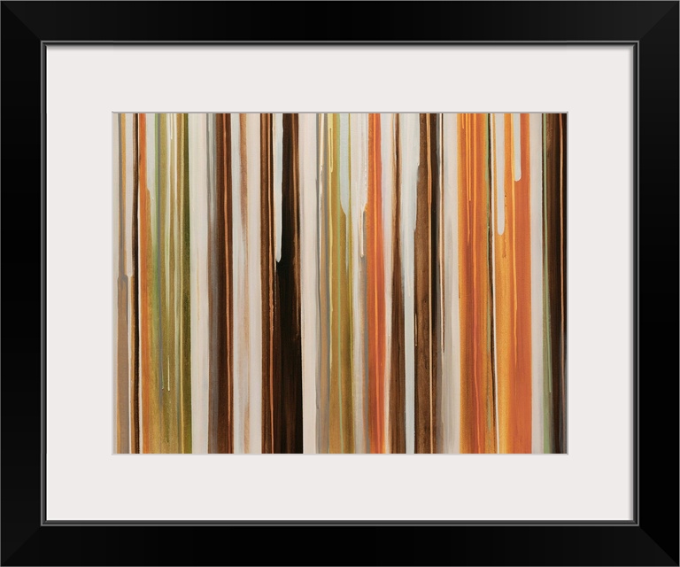 Large abstract art includes an abundance of thin vertical lines in a variety of different earth tones that have been align...