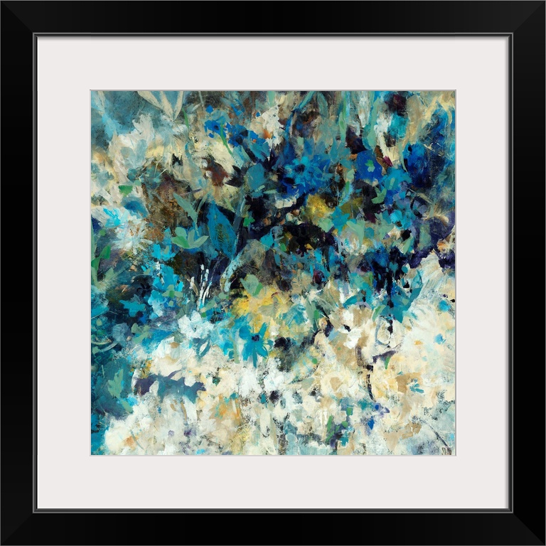 Square, oversized abstract painting of many small flowers in light, cool tones. Painted with short, rough brushstrokes.