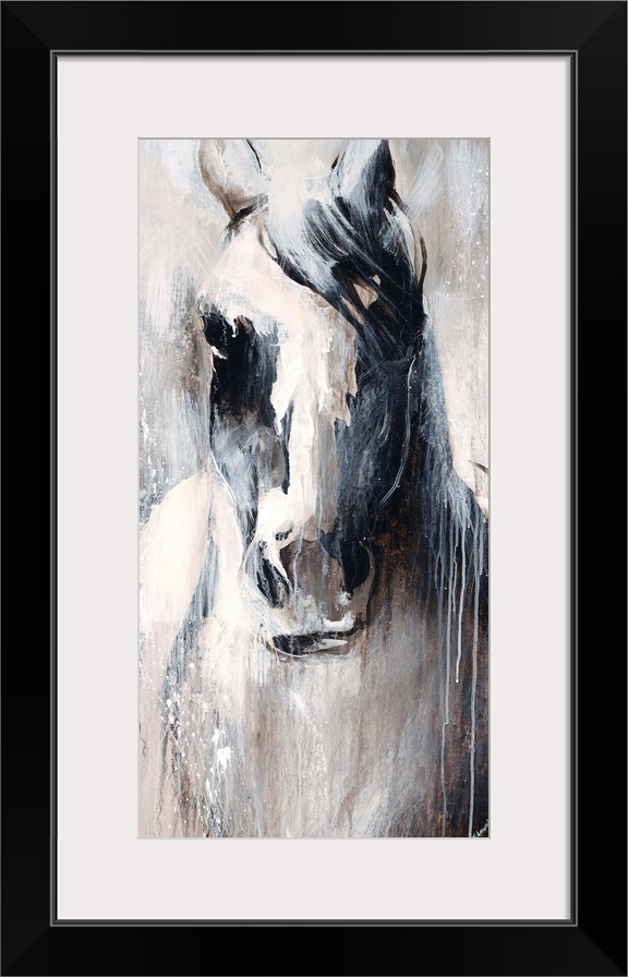 Neutral-toned painting of a horse with paint drips.