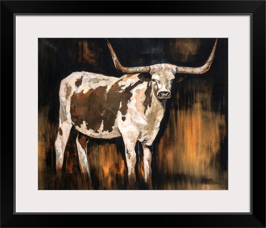 Earth-toned portrait of a Texas Longhorn.