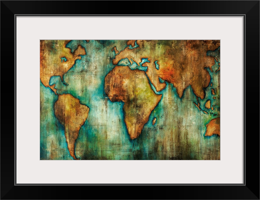 Painting of a world map done in an antique style with shades of brown and blue-green.