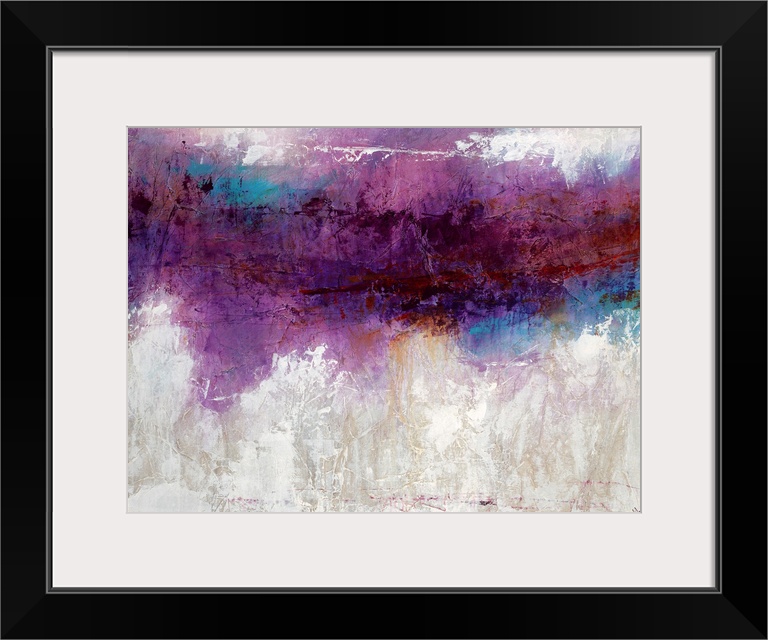 Abstract artwork consisting of a bright purple mass over a cool, neutral background.