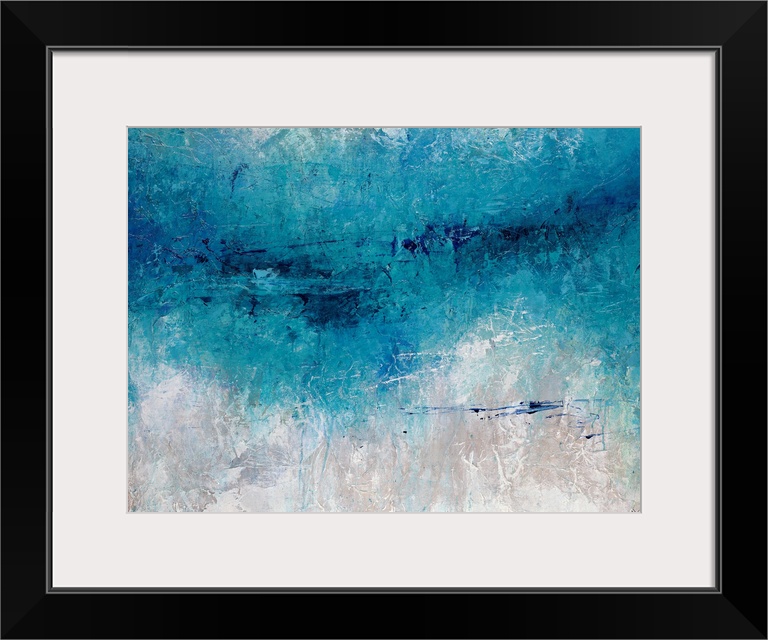 Abstract artwork consisting of a bright blue  mass over a cool, neutral background.