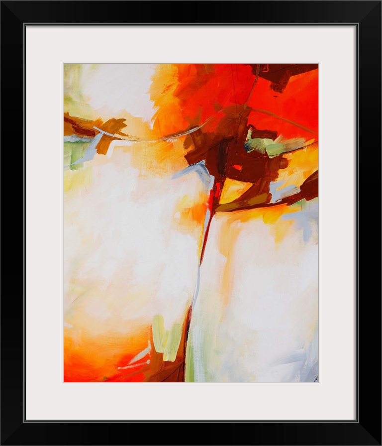 Abstract painting done with muted, pastel colors and pops of bright orange-red.