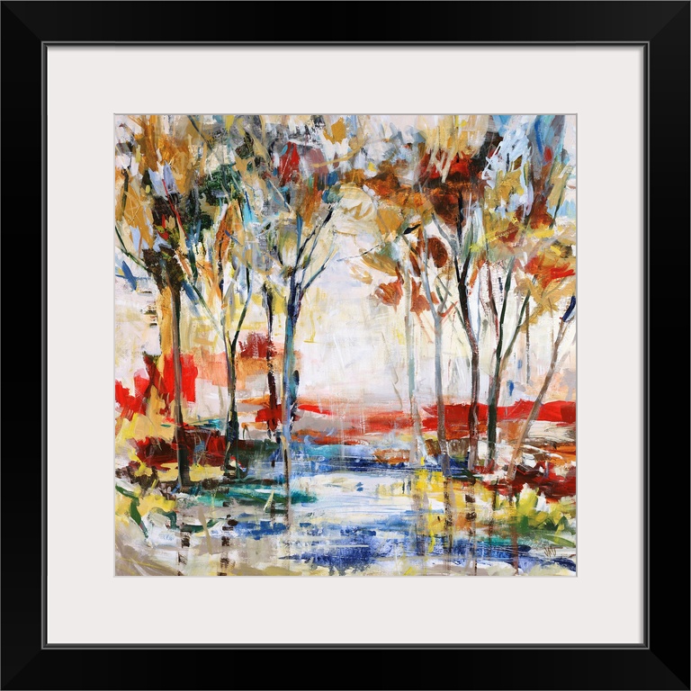 Contemporary painting of a grove of vibrant trees, surrounded by a multicolored playful landscape.