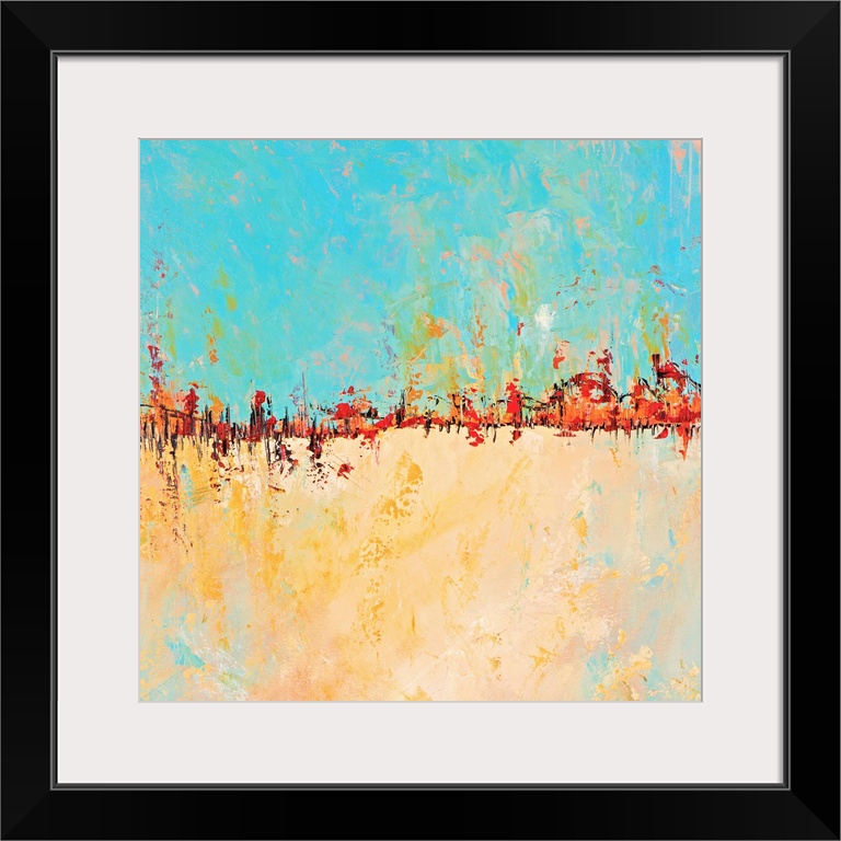 Contemporary abstract painting with bright turquoise and gold separated by intense orange.