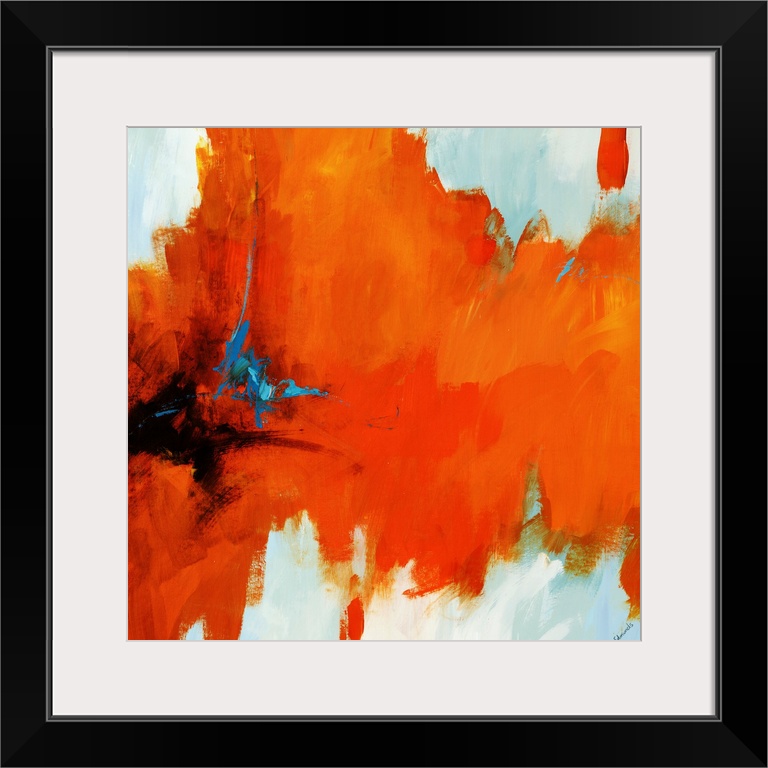 Contemporary painting on a square canvas of an abstract vision involving intense, hot color retreating from a dark center.