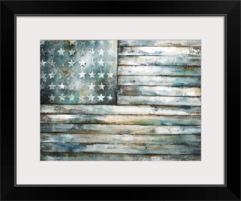 Contemporary painting of a wooden and weathered looking American flag.