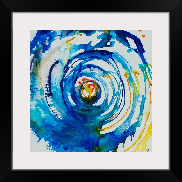 Contemporary painting of a multicolored swirl of spattered paint that gives the appearance of moving through a vortex towa...