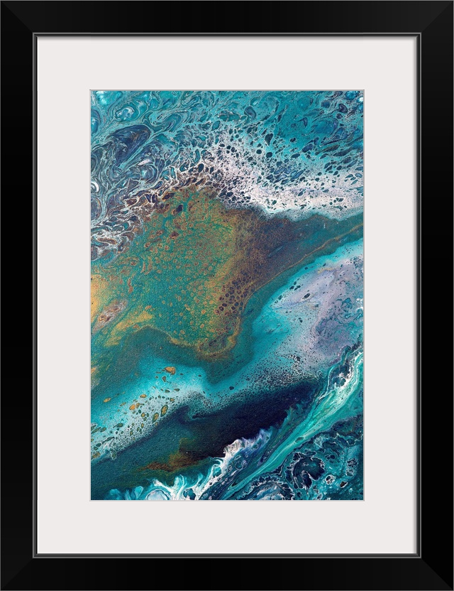 Abstract contemporary painting in color tones resembling the ocean, applied in a marbling effect.