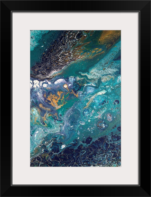 Abstract contemporary painting in color tones resembling the ocean, applied in a marbling effect.