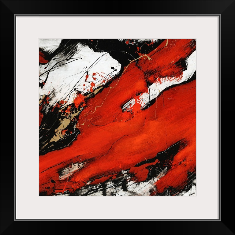 Square, oversized abstract painting of large contrasting paint splatters and dribbles across a white background.