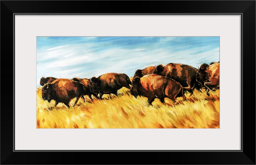 Painting of a herd of buffalo running wild on a grassy plain.