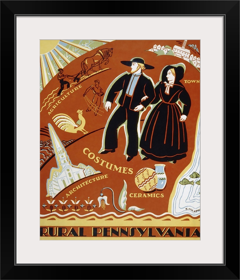 Rural Pennsylvania. Poster promoting Pennsylvania, showing a man and a woman from a religious community and scenes depicti...