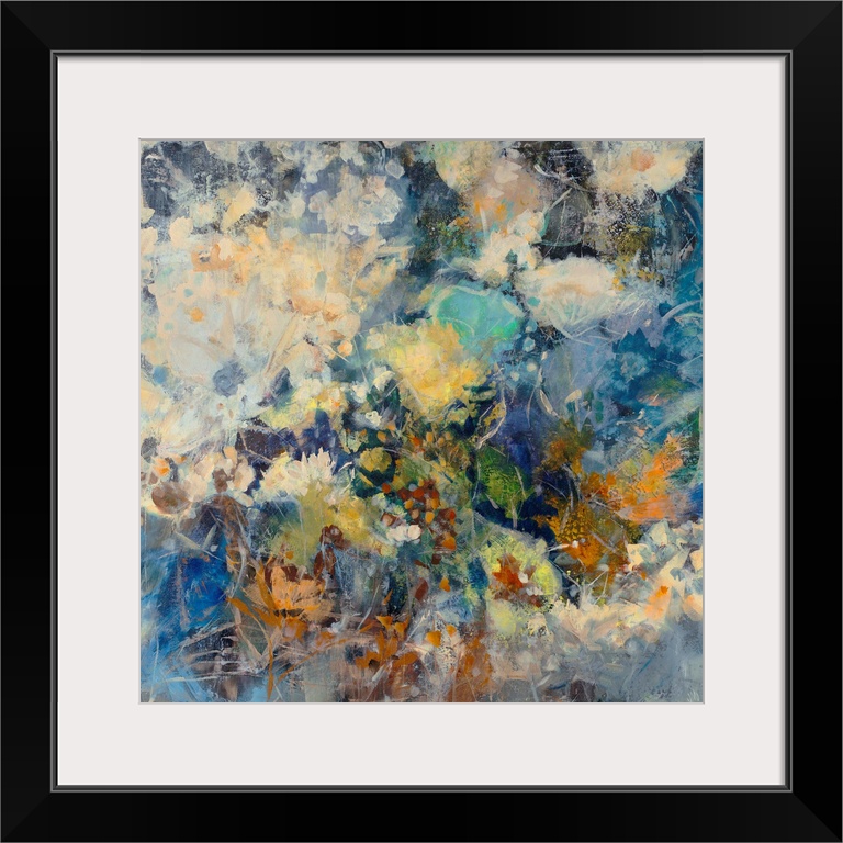 Huge abstract art depicts a large assortment of flowers mixed together through the use of numerous earth and cool tones. A...