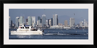 San Diego, California Skyline with Fishing Boat and Seagulls - Panoramic