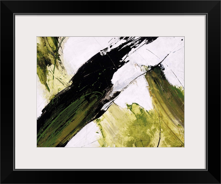 Abstract painting of dark and light green paint slashing across a neutral background.