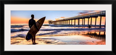 Scripps Pier and Surfer Silhouette at Sunset, La Jolla, San Diego- Panoramic
