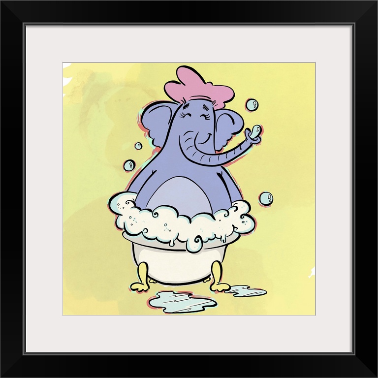 Cute cartoon art of an elephant in a bubble bath.