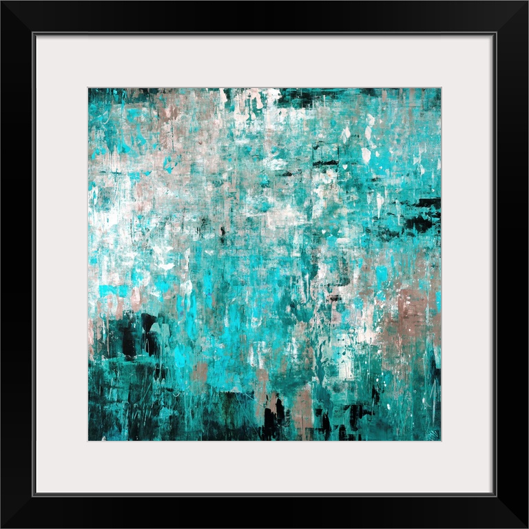 Big abstract art composed of different shades of a cool tone layered on top and next to each other in small patches of color.