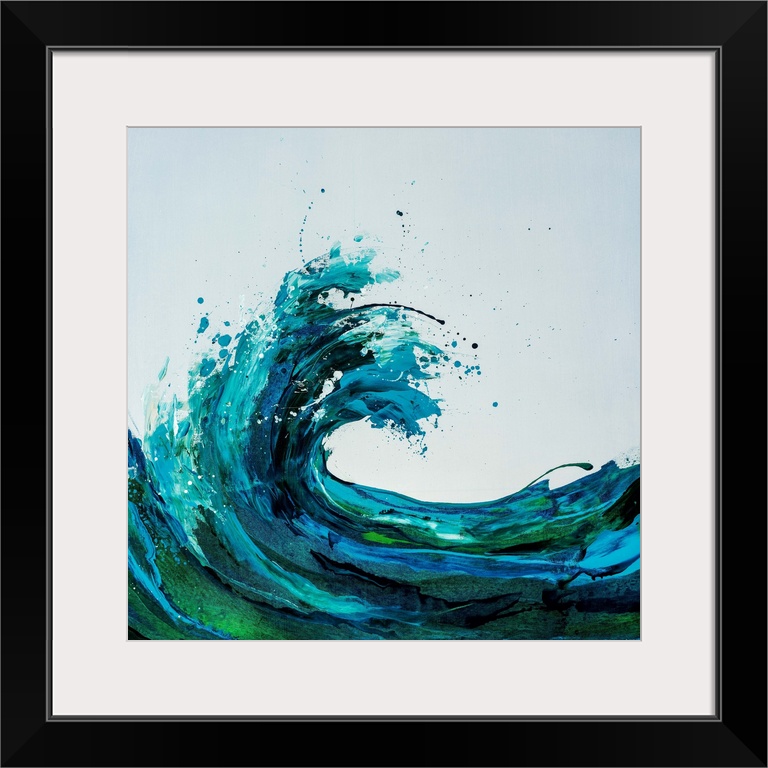 Contemporary square painting of an energetic wave done in various shades of blue and green.