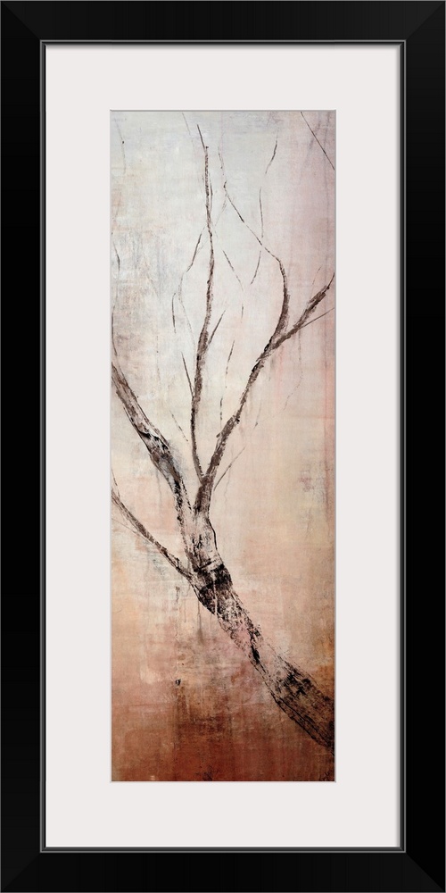 Vertical panoramic canvas painting of an abstract tree branch growing upwards on a grungy background.