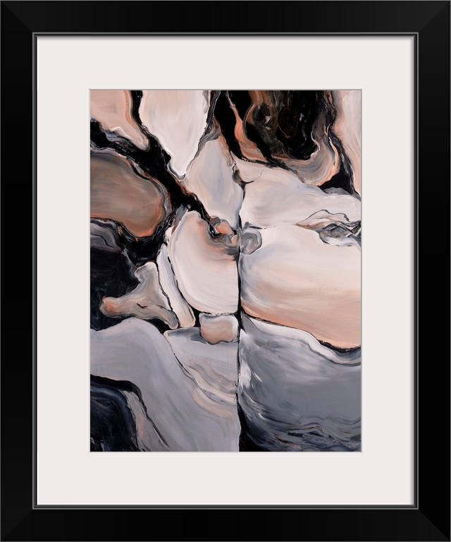 Large abstract art incorporates a mixture of dark and earth tones forming large and small jagged patches positioned next t...