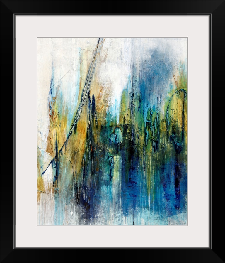 Contemporary abstract painting using blue mixed with gold in swiping vertical swipes, against a neutral background.