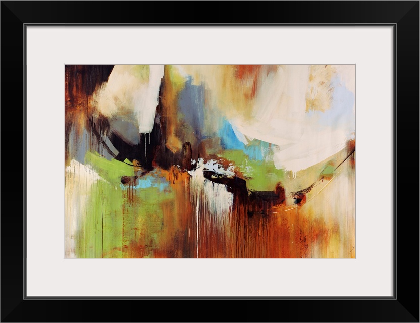 Huge abstract art incorporates patches of different sized earth tones with a few small highlights running throughout the p...