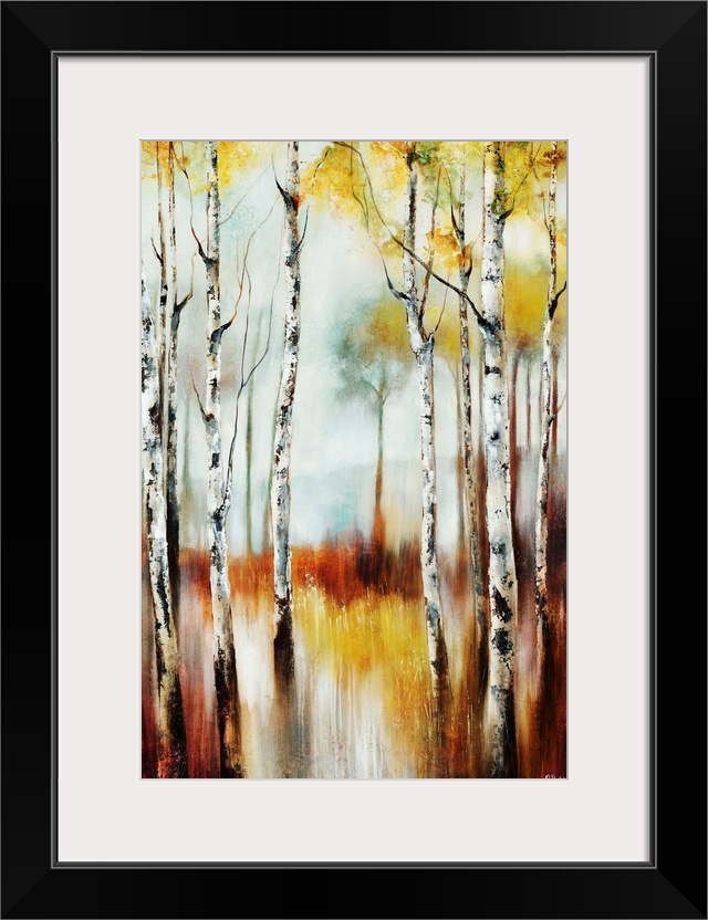 Abstracted landscape painting of a forest of birch trees going through seasonal transitions.