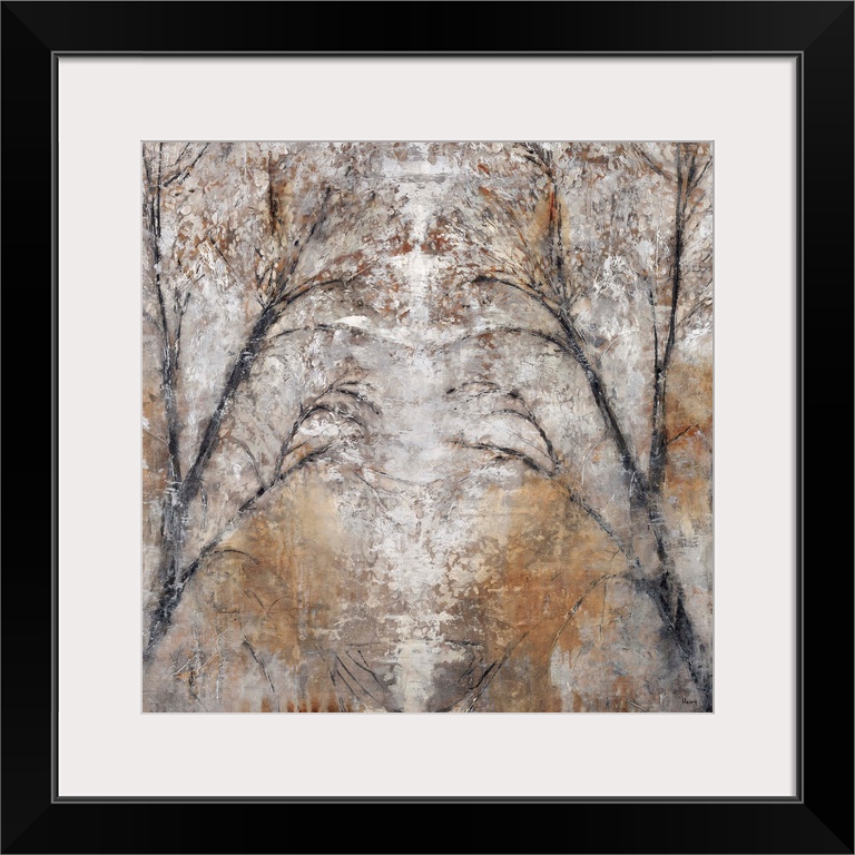Abstract landscape painting of a path between two trees done in cool, neutral tones and silvery grays.