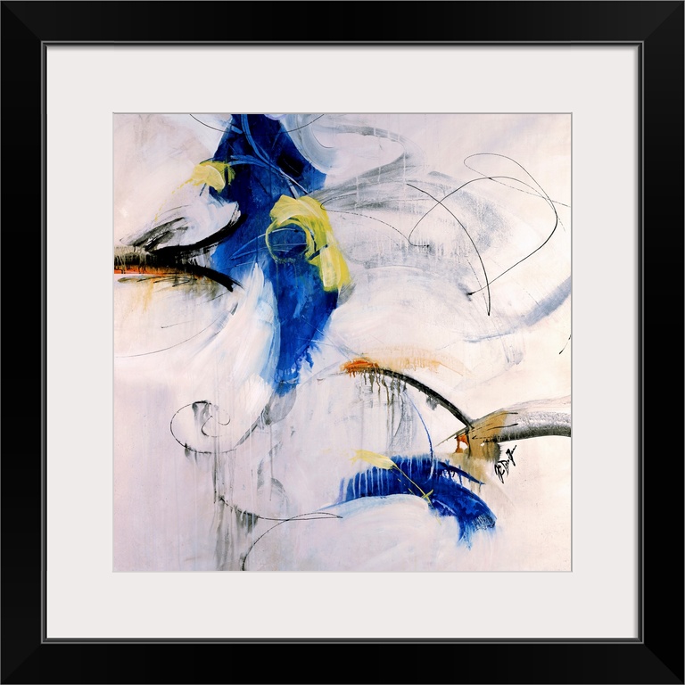 A square, abstract painting of swirls and shapes of color on a neutral backdrop.