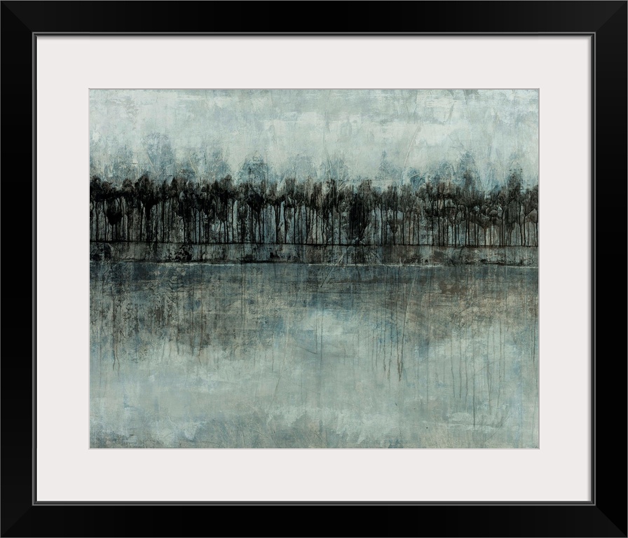 Abstract landscape of a forest in various shades of blue and gray.
