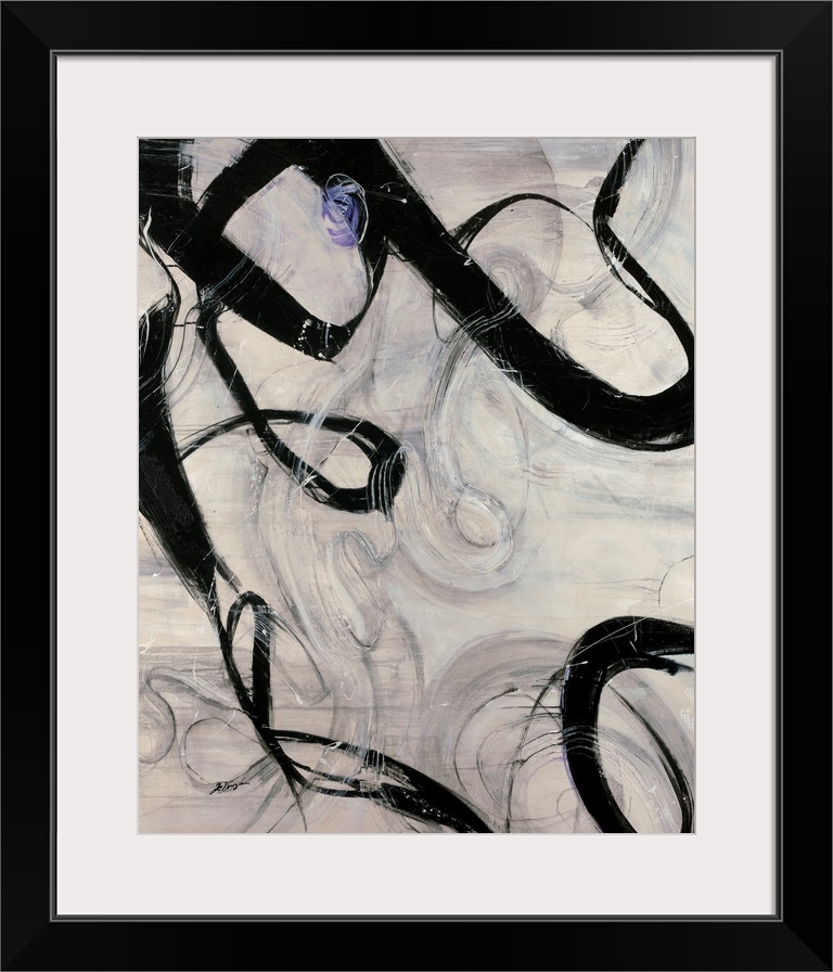 Vertical abstract painting with calligraphic shapes.
